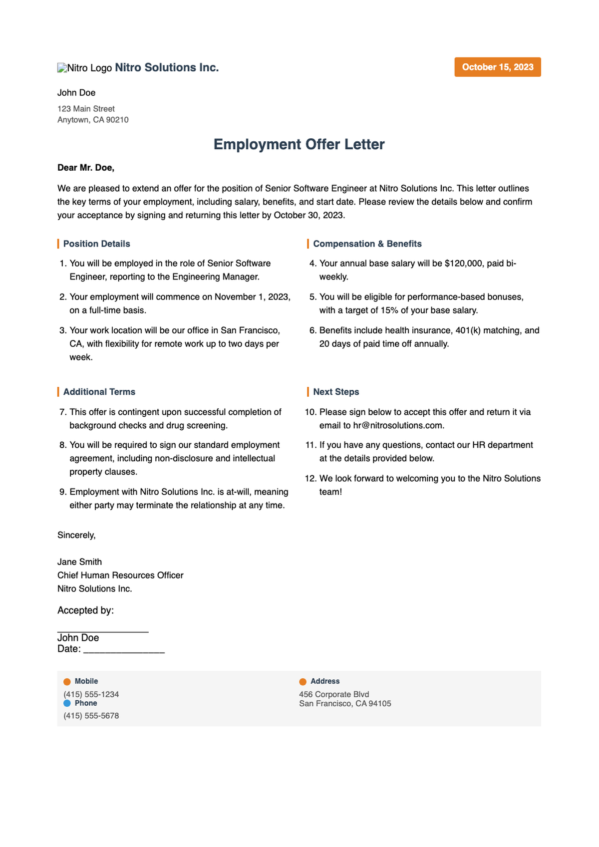 Professional offer of employment letter with orange accents and contact details_variant_3